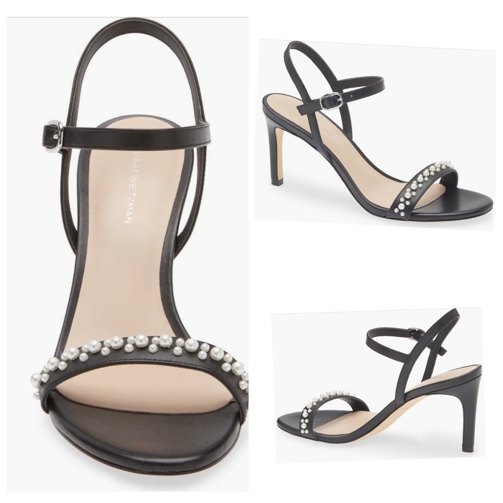 Nwt Stuart Weitzman Dancer Black Calfskin Leather Pearl Accents & Ankle Strap
